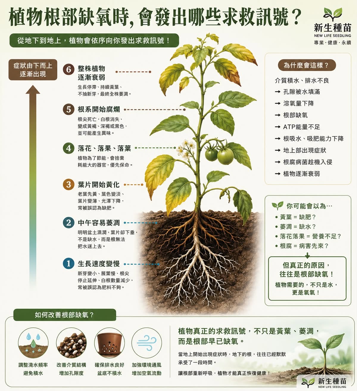 植物根部缺氧時，會有哪些症狀？